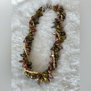 Vintage Keshi ,Freshwater , cultured, pearl, three strand necklace gold green